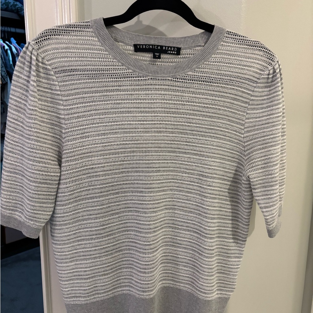 Veronica Beard Light Gray Striped Crewneck Sweater perfect condition sz small